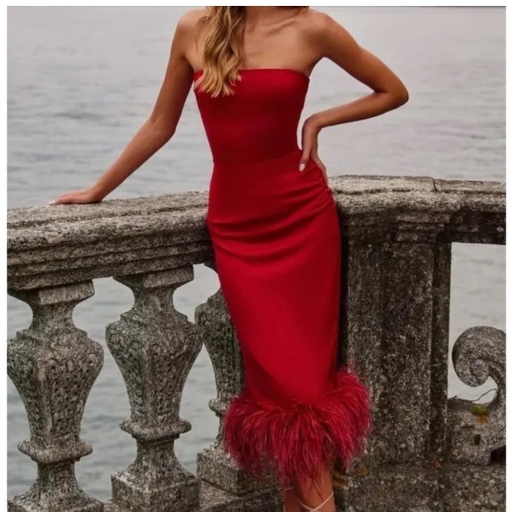 Alamour The Label Strapless Red Dress with Feather Hem